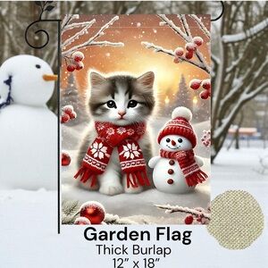 Garden flag, 12”x18”, kitten & snowman In red, thick burlap polyester doubleside